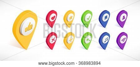 Social Media Map Pointer Isometric Icon Set. 3d Geotag Location Point With Like, Wi-fi, Search, Favo