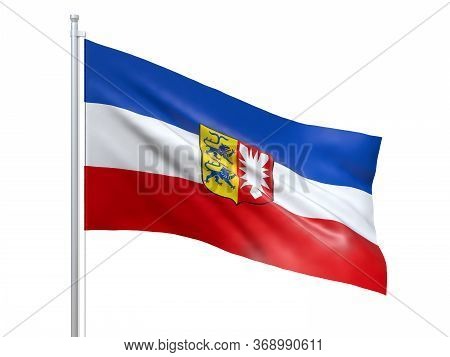 Schleswig Holstein Flag Waving On White Background, Close Up, Isolated. 3d Render