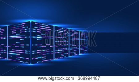 Server Rack, Blockchain Technology, Data Center, Concept Of Cloud Storage And Data Exchange. Place F