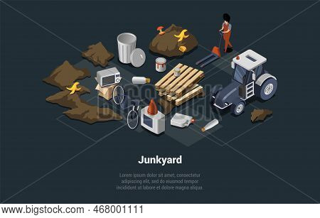Recycling And Zero Waste Concept. Character At Big Dump With Trash And Rubbish. Organic, Metal, E-wa