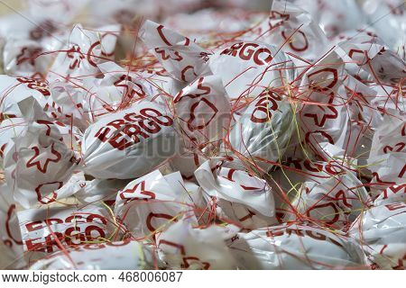 Vidzeme,valmiera , Latvia - December 27, 2022: Presentation Candies. Ergo Is A Group Of Insurance Co
