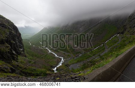 Rough Mountain Sides Around The Trollstigen Mountain Pass That Twists Through 11 Hairpin Bends Up Th