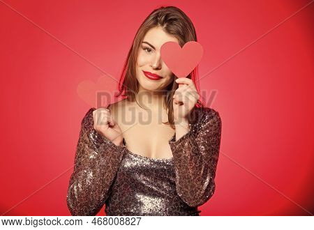 Girl Adorable Fashion Model Makeup Face Hold Heart Valentines Card. Love From First Sight. Woman In 