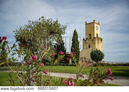 The Clock Tower At The Caselo De Moura In The Town Of Moura In Alentejo In  Portugal.  Portugal, Mou