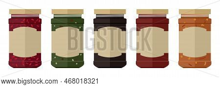 Vector Glass Jam Jars With Strawberry, Blueberry, Apricot, Apple, Cherry, Kiwi, Orange And Raspberry