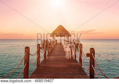 Beautiful Caribbean Beach In Dominican Republic. Sunset View Of Tropical Idyllic Summer Landscape Wi
