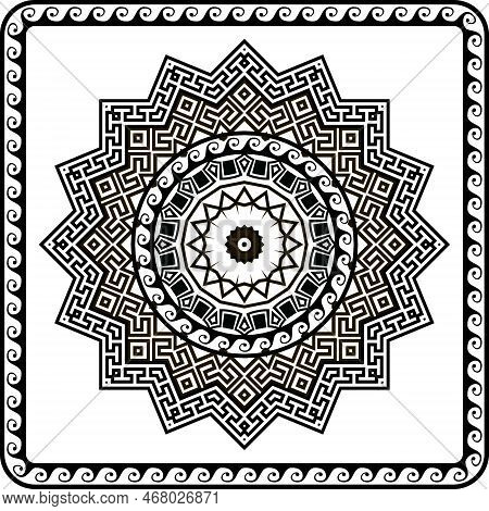 Mandala. Ancient Zigzag Ornament With Square Wavy Frame. Vector Isolated Black Meander Pattern On Wh