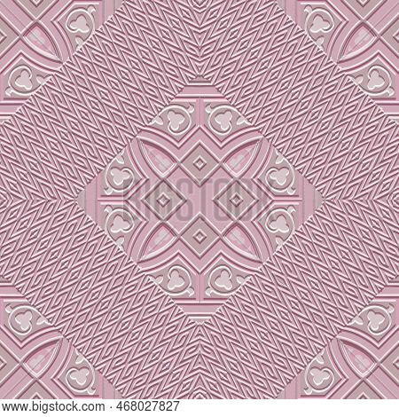Textured Emboss Floral 3d Seamless Pattern. Pink Arabesque Embossed Vector Background. Repeat Backdr