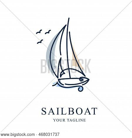 Simple Sailboat Dhow Boat Ship On Sea Ocean Wave With Line Art Style Logo Design