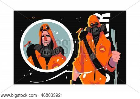 Close-up Of Man In Bio-chemical Protective Coat And Gas Mask. Nuclear War Human, Winter. Doomsday An