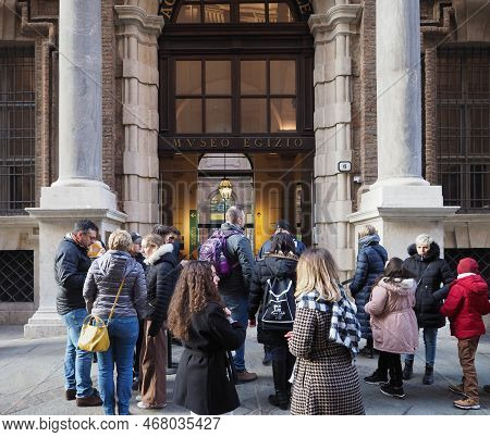 Visitors At Museo Egizio Transl. Egyptian Museum In Turin