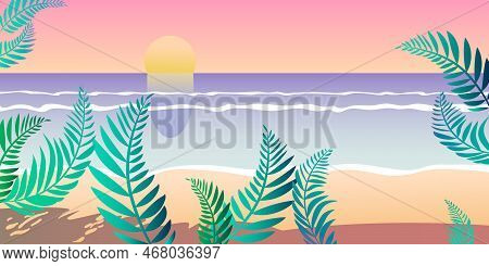 Sea Sunset Vector Illustration. Beach Sand Palm Trees Waves Pink Color