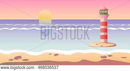 Sea Sunset Striped Lighthouse Vector Illustration. Beach Sand Palm