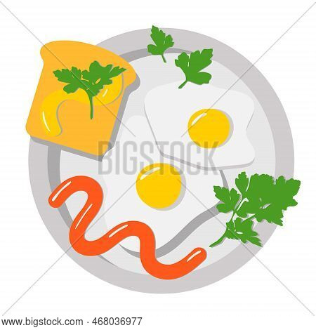 Breakfast Fried Eggs And Toast Garnished With Parsley. Vector Flat Illustration