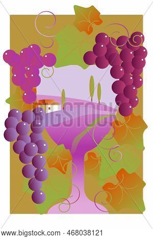 Wine Grapes Glass Vector Illustration Logo. Postcard Harvest Festival