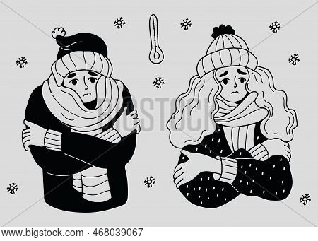 Unhappy Woman And Man In Knitted Hat And Wrapped In Scarf Freezing Wearing And Shivering. Vector Ill