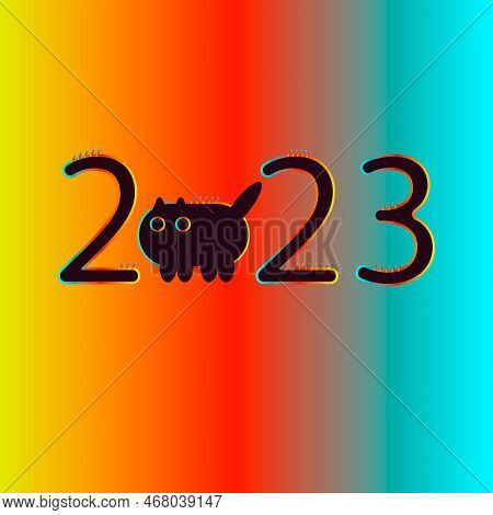 2023 Year Vector Black Cat Cartoon Illustration. Psychedelic Calendar