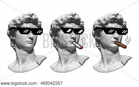 Head Of Statue, Pixelated Sunglasses And Cigarette. David Sculpture Bust Illustration In Pixel Art S