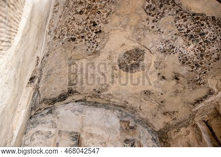 Painted Biclinium Inner Room Ceiling With Fresco In Little Petra, Jordan
