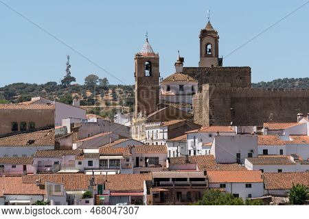 Panoramic View Of The Beautiful Village Of Fregenal De La Sierra With Its Templar Castle And Church.