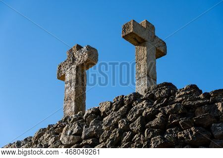 Old Stone Cross And Old Brick Stone Wall With Blue Sky - Religious Background