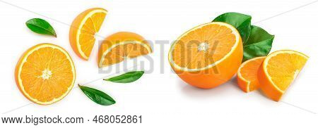 Orange With Leaves Isolated On White Background. Top View. Flat Lay