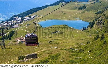 Bettmeralp, Switzerland - July 16, 2022: Cabin Cable Car From Bettmeralp Village To The Bettmerhorn 