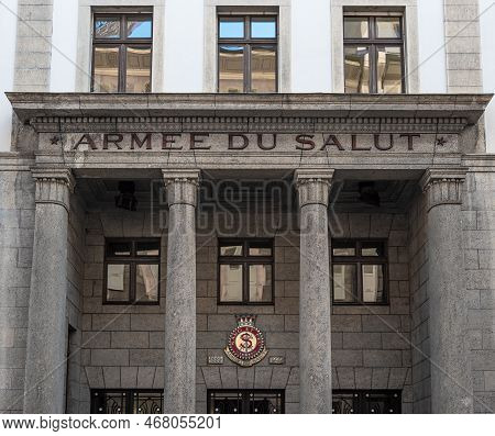 Geneva, Switzerland - July 13, 2022: Coat Of Arms And A Sign Of The Salvation Army In Geneva