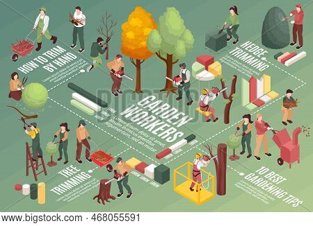 Garden Workers Flowchart With Trimming Tips Symbols Isometric Vector Illustration