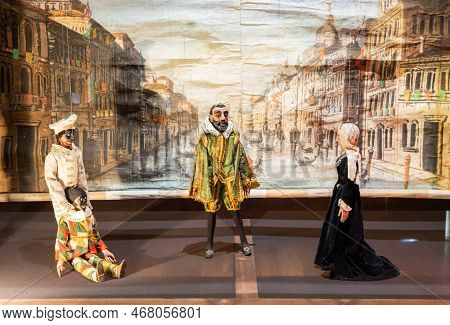 Vintage Puppet Show Theatre Made Of Wood. Old Historical Puppets