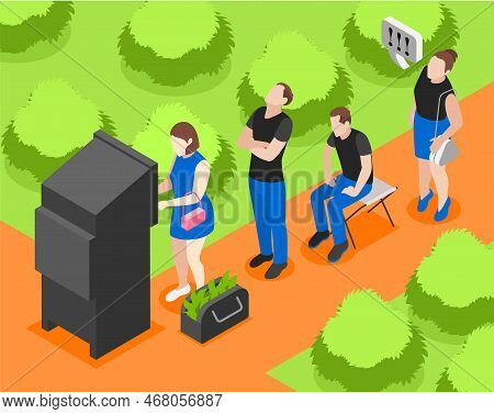 Queue Isometric Colored Concept Girl Is Holding Up The Queue To The Atm And Annoying The Other Peopl
