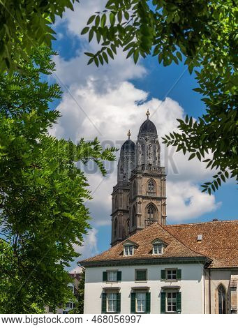 Two Bell Towers Of Grossmunster Reformed Church In Zurich, Switzerland