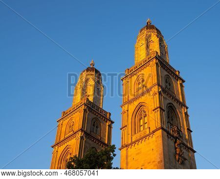 Two Bell Towers Of Grossmunster Reformed Church In Zurich, Switzerland