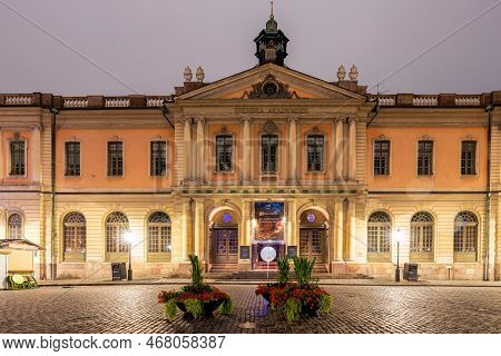 Stockholm, Sweden - September 11, 2021: Illuminated Front View Of The Historic Stockholm Stock Excha