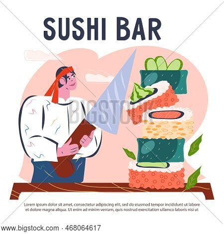 Banner Or Poster Template With Japanese Sushi Maker Cooking, Flat Vector Illustration.