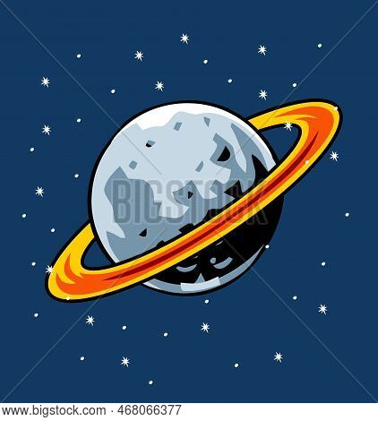 A Cartoon Ringed Planet With Stars Background