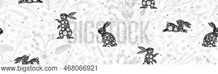 Seamless Rabbit Paper Cut With Doodle Cute Flower,leave On White Background,vector Chinese New Year 
