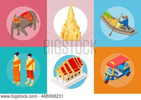 Thai Travel Set With Isolated Round Compositions Of Isometric Traditional People Animals Vehicles Te