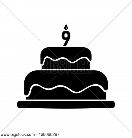 Birthday Cake With Number Nine Candle, Simple Black Filled Vector Icon