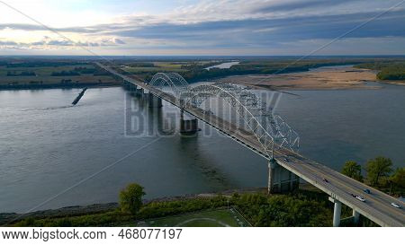 Hernando Do Soto Bridge In Memphis Over River Mississippi - Aerial View