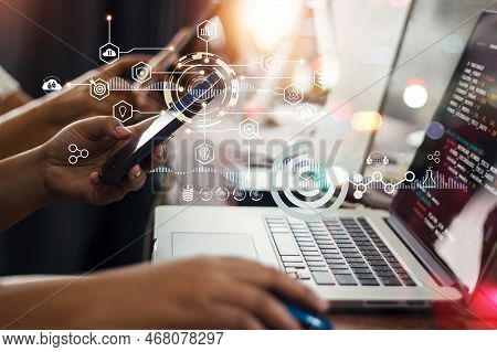 Data Scientists. Team Programmer Using Laptop Analyzing And Development At Various Information On Fu