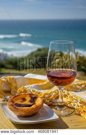 Portugal's Traditional Food And Drink, Glass Of Porto Wine Or Muscatel De Setubal And Sweet Dessert