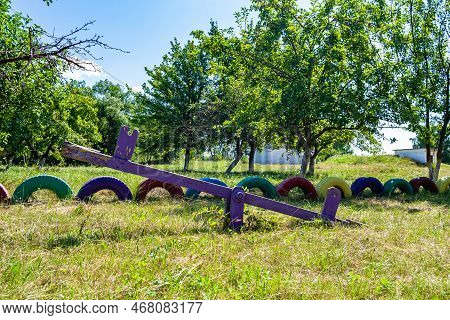 Photography On Theme Empty Playground With Metal Swing For Kids