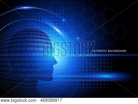 Vector Illustration Of Blue Futiristic Background With Human Head And Binary Numbers, Artificial Int