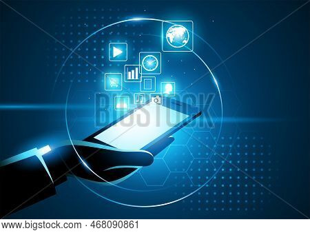 Vector Illustration Of Businessman Hand Holding A Smart Phone, The World In Your Hand, Modern, Digit