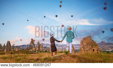 Cappadocia Turkey During Sunrise, Couple On Vacation In The Hills Of Goreme Capadocia Turkey