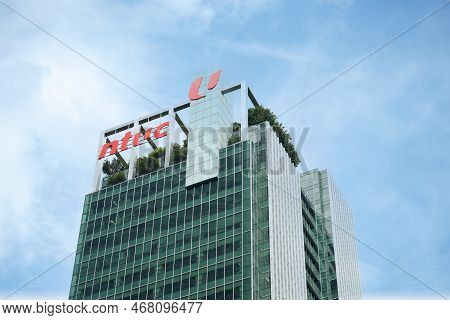 Singapore 1 June 2022. Ntuc Bank Logo On Financial Building
