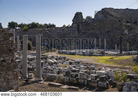 View Of Old Ruined Ancient Temple Of Tyche At Side, Turkey