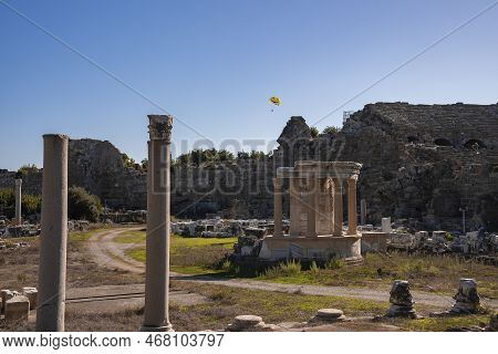 View Of Old Ruined Ancient Temple Of Tyche At Side In Turkey