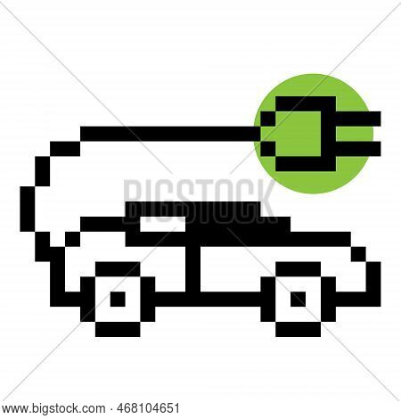 Pixel Electric Car Illustration Vector. Electrocar Charger Station. Retro Game Design. Eighties Comp